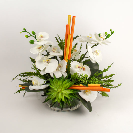 Composizione Floreale Artificiale Con Orchidee Bianche In Vaso Vetro